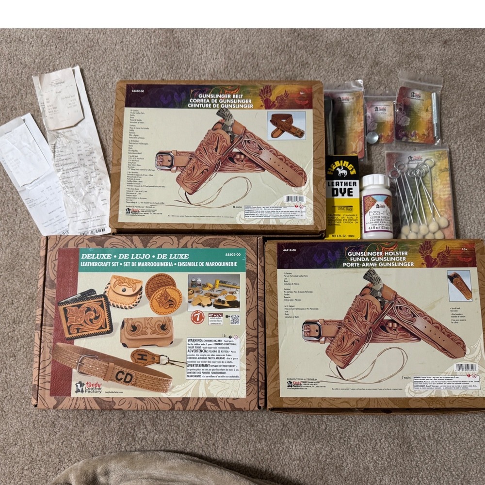 Tandy Leathercraft Deluxe Gunslinger Belt Holster Kits Tools Huge Lot NOS